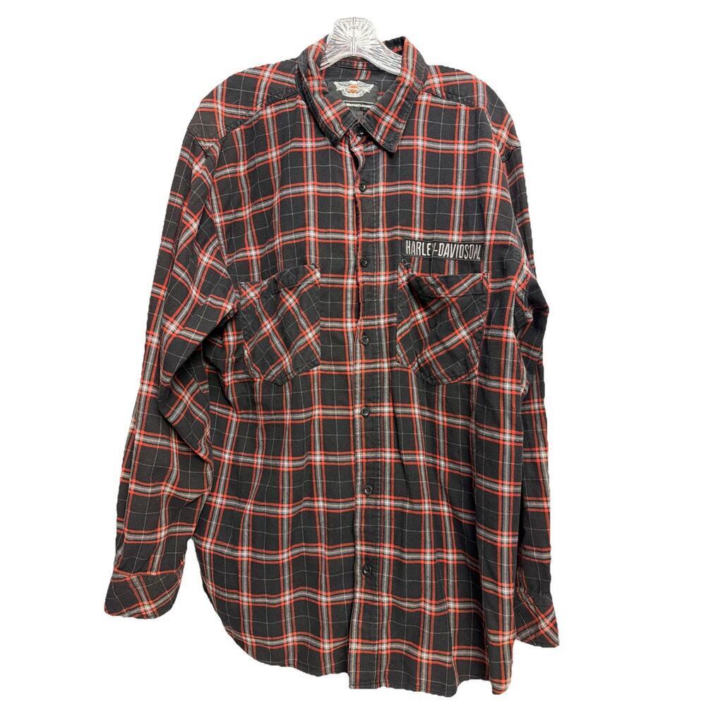 Harley Davidson Flannel Shirt Mens XL Red Black Plaid Embroidered Logo